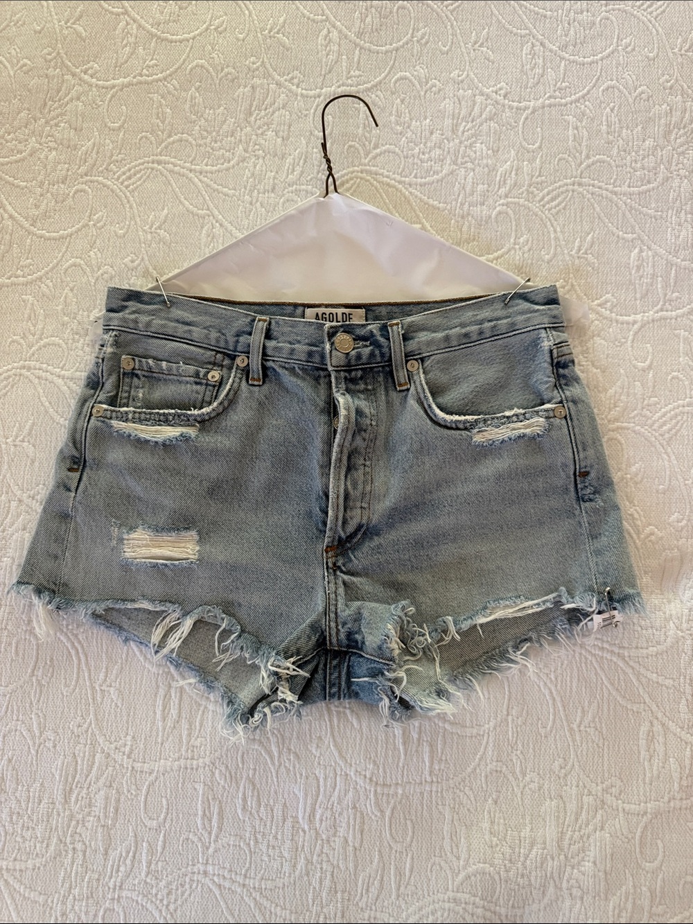 Agolde Light Blue Distressed Cutoff Denim Shorts